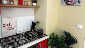 Une cuisine équipée d’une cuisinière à gaz, de meubles de rangement rouges, d’un élément décoratif mural et d’une plante en pot.