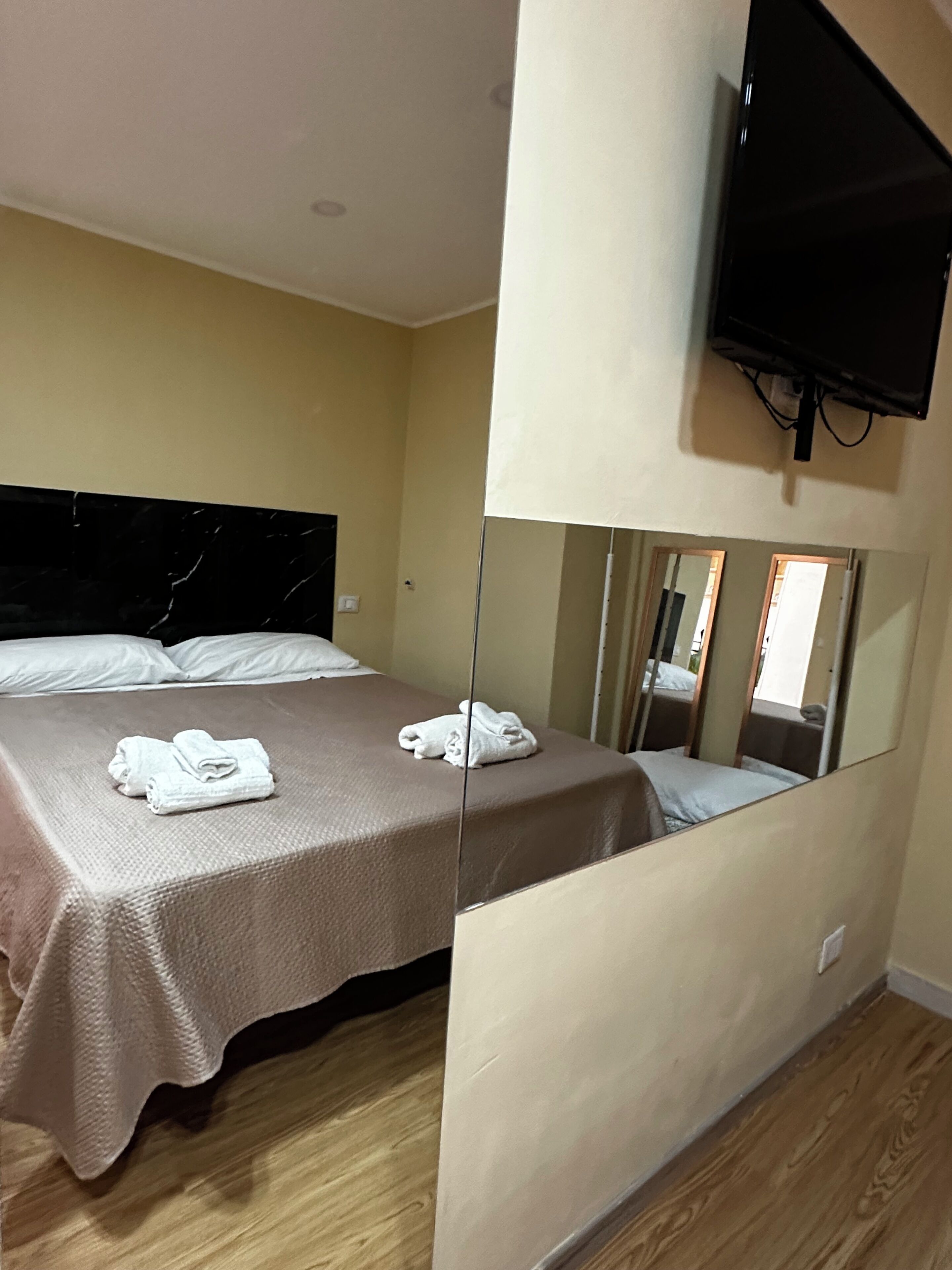 Ein Hotelzimmer mit einem Bett, einem Fernseher und einem Spiegel.