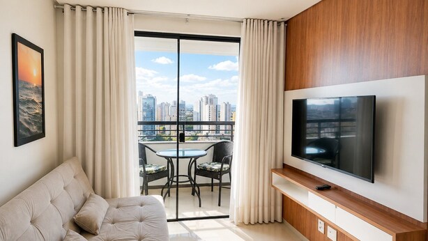 Un salon moderne comprenant un canapé, un téléviseur à écran plat, une table à manger avec des chaises et un balcon offrant une vue sur la ville.