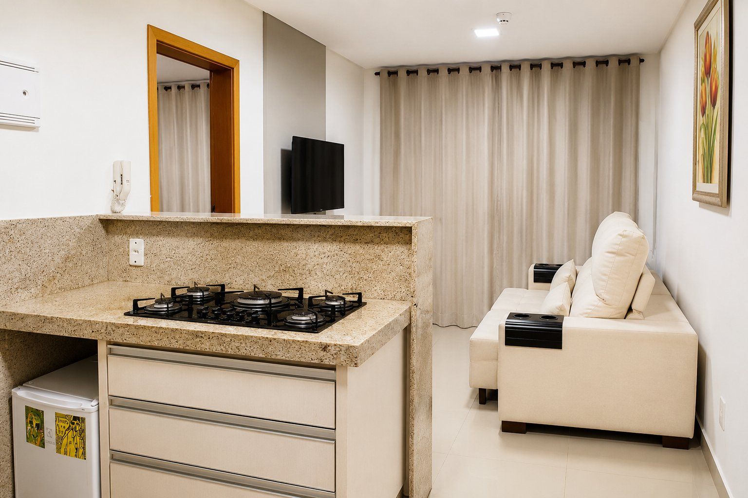 A compact living space with a kitchenette, a sofa, and a television.