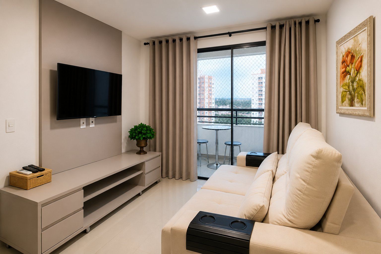 Una sala de estar moderna con un televisor de pantalla plana, un sofá, una mesita y un balcón con vistas a edificios.