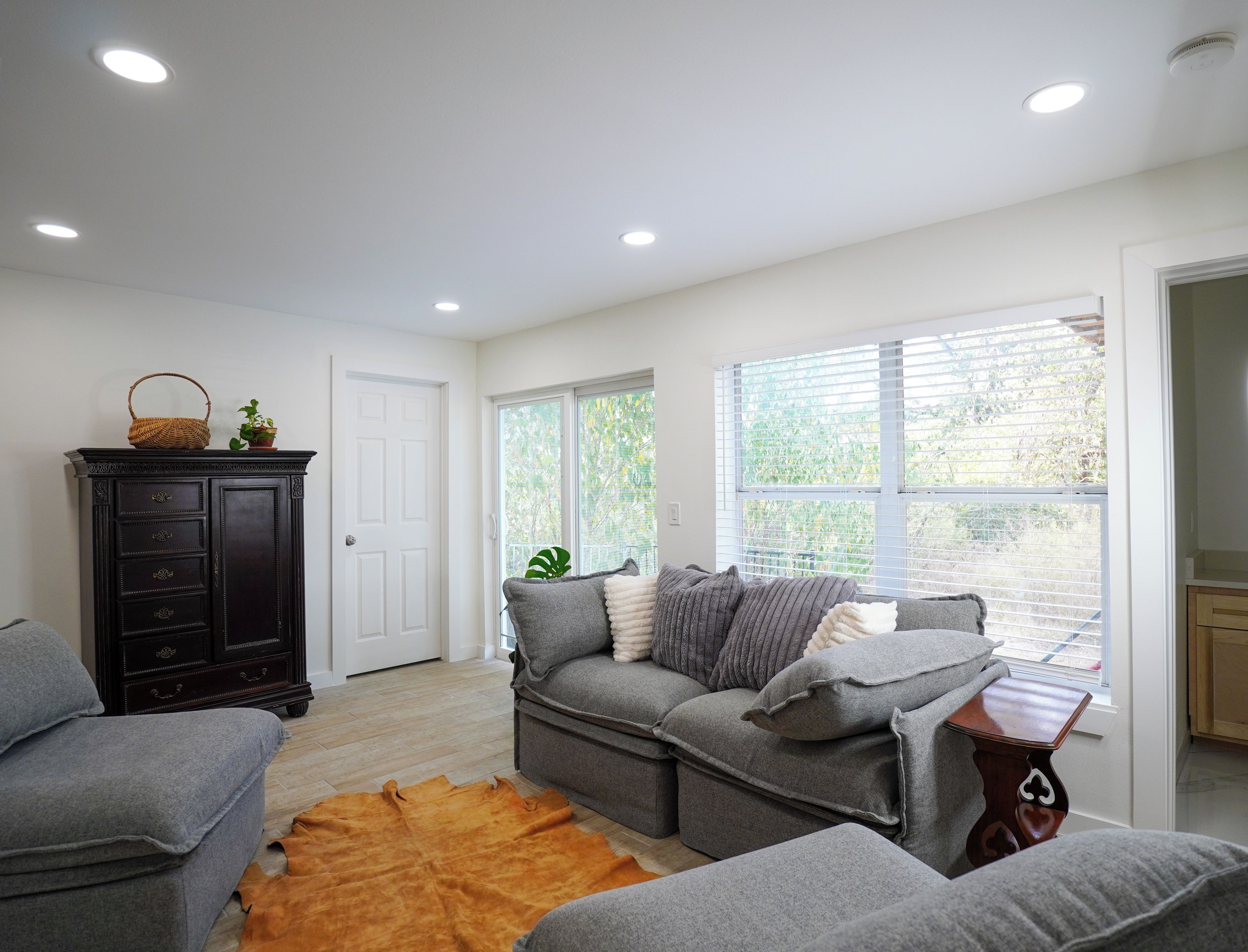 A living room with a dark wooden cabinet, a gray sofa, and a brown leather rug.