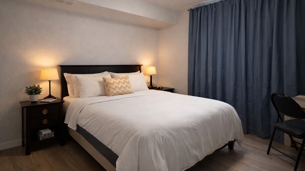 Ett hotellrum med en säng, två sängbord, en stol och ett stort fönster med gardiner.