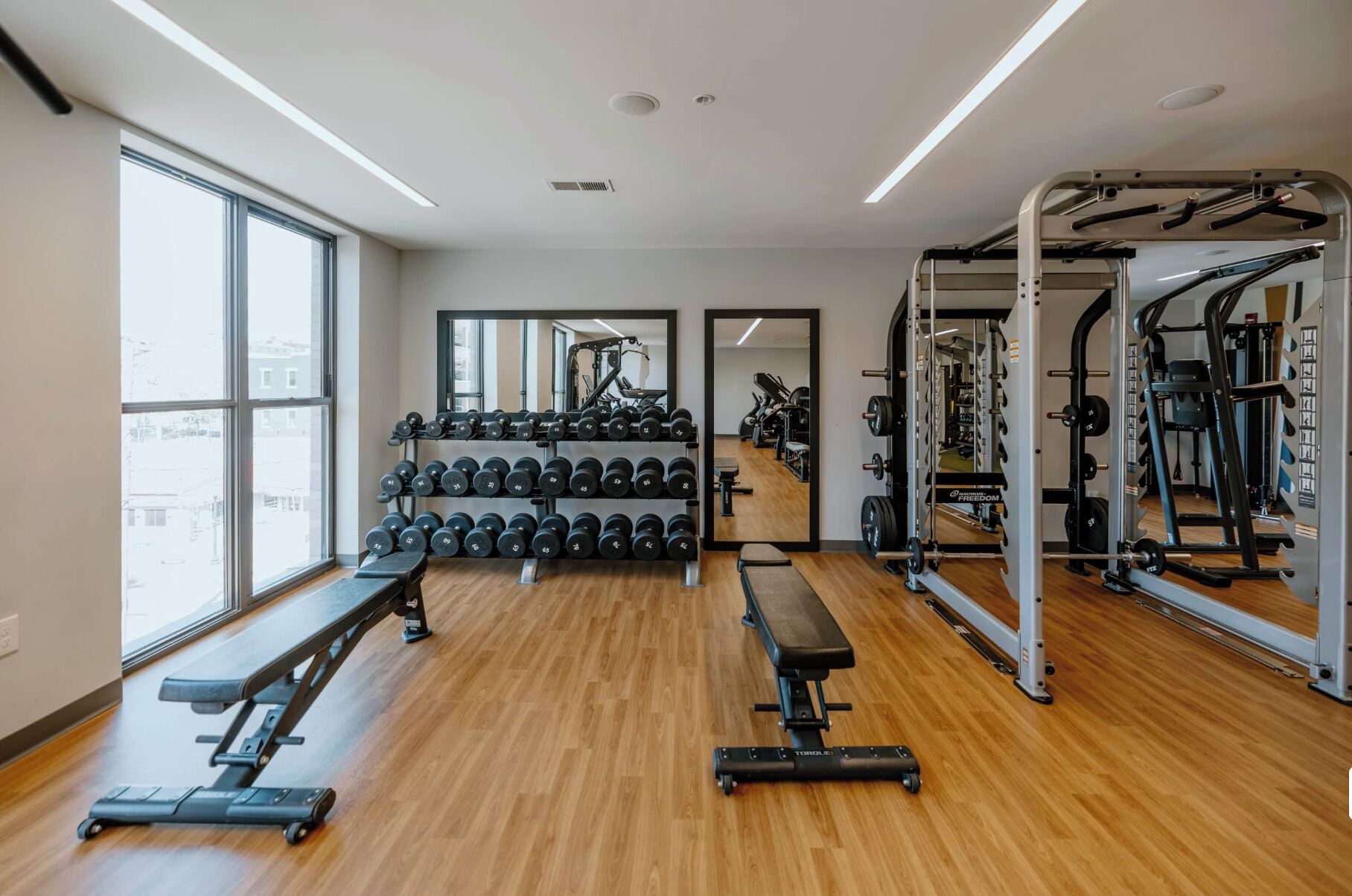 Ein Fitnessstudio mit Gewehrgestellen, Bänken und Cardiogeräten.