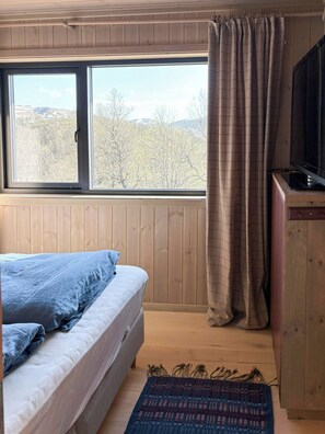 Une chambre à coucher avec un lit, une fenêtre, un téléviseur et une armoire en bois.