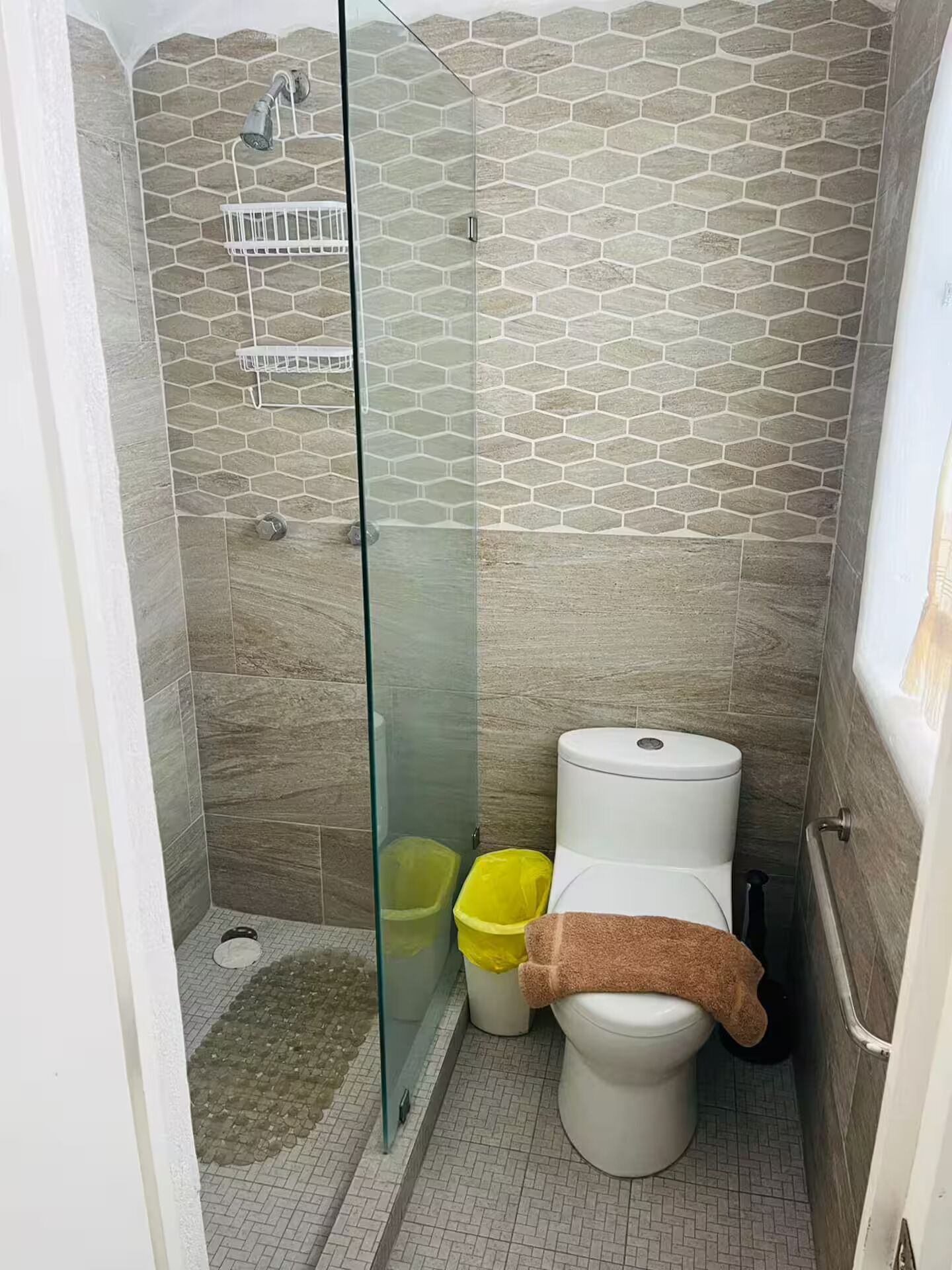 Hair dryer, towels, soap, toilet paper