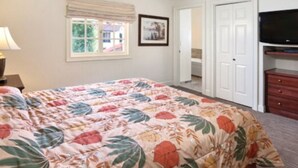 Une chambre à coucher avec un lit, une télévision, une fenêtre avec des rideaux et une porte.
