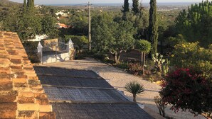 A view of a courtyard with a stone wall, a metal gate, and a paved area with a thatched roof.