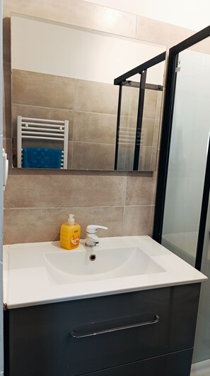 Shower, hair dryer, towels, soap