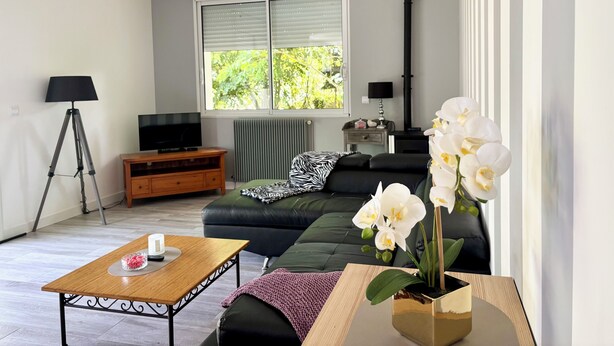 A modern living room with a sofa, a coffee table, a TV, and a window with blinds.