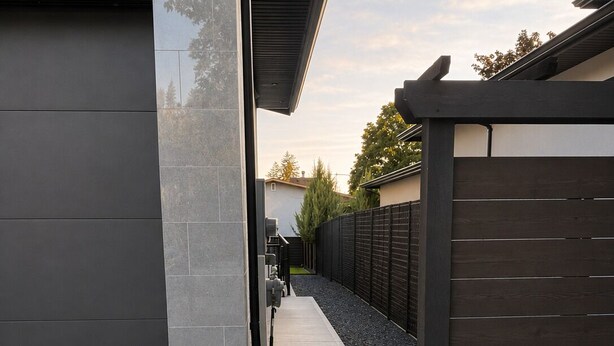 A modern building with a concrete pathway, a wooden fence, and a small garden area. - Modern Lower Mission Retreat | Luxury Comfort Near Beaches & Wineries (Kelowna)
