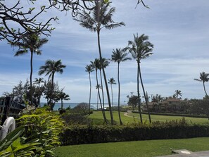 A view of a well-maintained lawn with tall palm trees, a clear sky, and a distant building. - Walk to Poipu Beach, Grand Hyatt & Brennecke's/Poipu Kai Charming Condo (Koloa)
