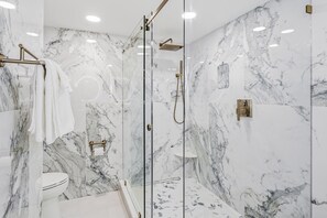 Chuveiro, secador de cabelo, toalhas de banho 