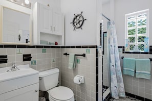 Chuveiro, secador de cabelo, toalhas de banho 