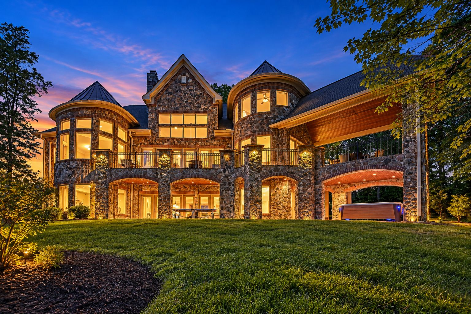 A large, multi-story stone mansion with a prominent central tower, multiple balconies, and a well-maintained lawn.