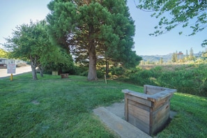 A grassy area with a large tree, a wooden bench, and a sign indicating a stop for registered vehicles.