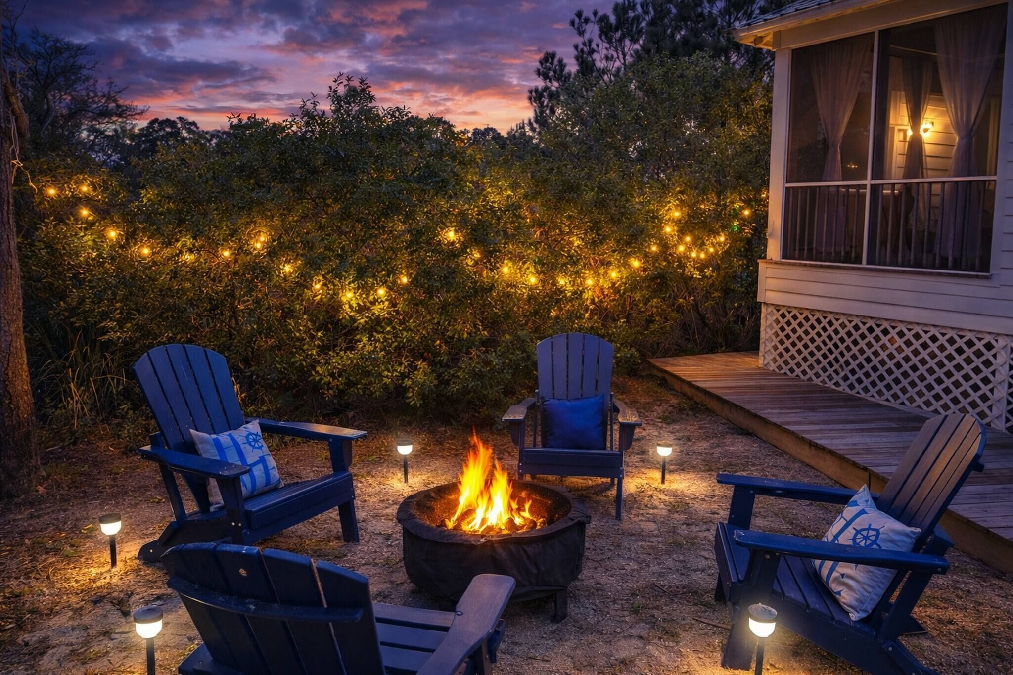 Um pátio com quatro cadeiras Adirondack, uma fogueira e luzes de corda.