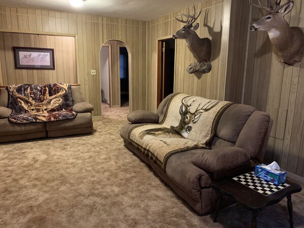 A room with a brown couch, a deer head mounted on the wall, and a framed picture on the wall.