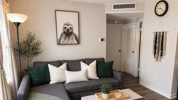 Ett vardagsrum med en grå soffa, vita och gröna kuddar, ett litet bord med ett bricka på, en golvlampa och en väggklocka.