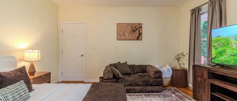 A bedroom with a bed, a sofa, a TV, and a door.