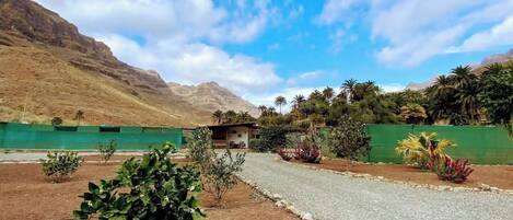 A paved pathway leading to a building with a green fence, surrounded by desert vegetation and mountains.