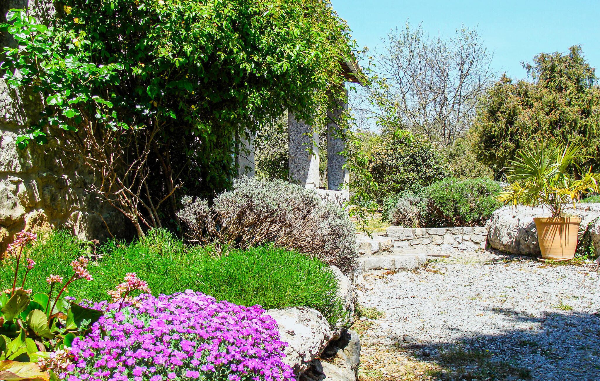 Un jardin avec un mur en pierre, des plantes fleuries et une plante en pot.