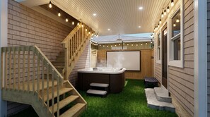 A hot tub, wooden staircase, and a view of the sky. - Crystal Lake East End Retreat with Dock, Hot Tub & Sunset Views (Beulah)