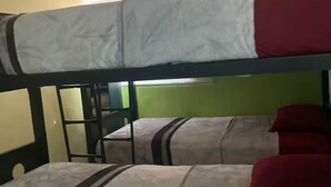 A bunk bed with a ladder, a window with blinds, and a green wall. - Apartment in El Chopo (Ciudad de México)