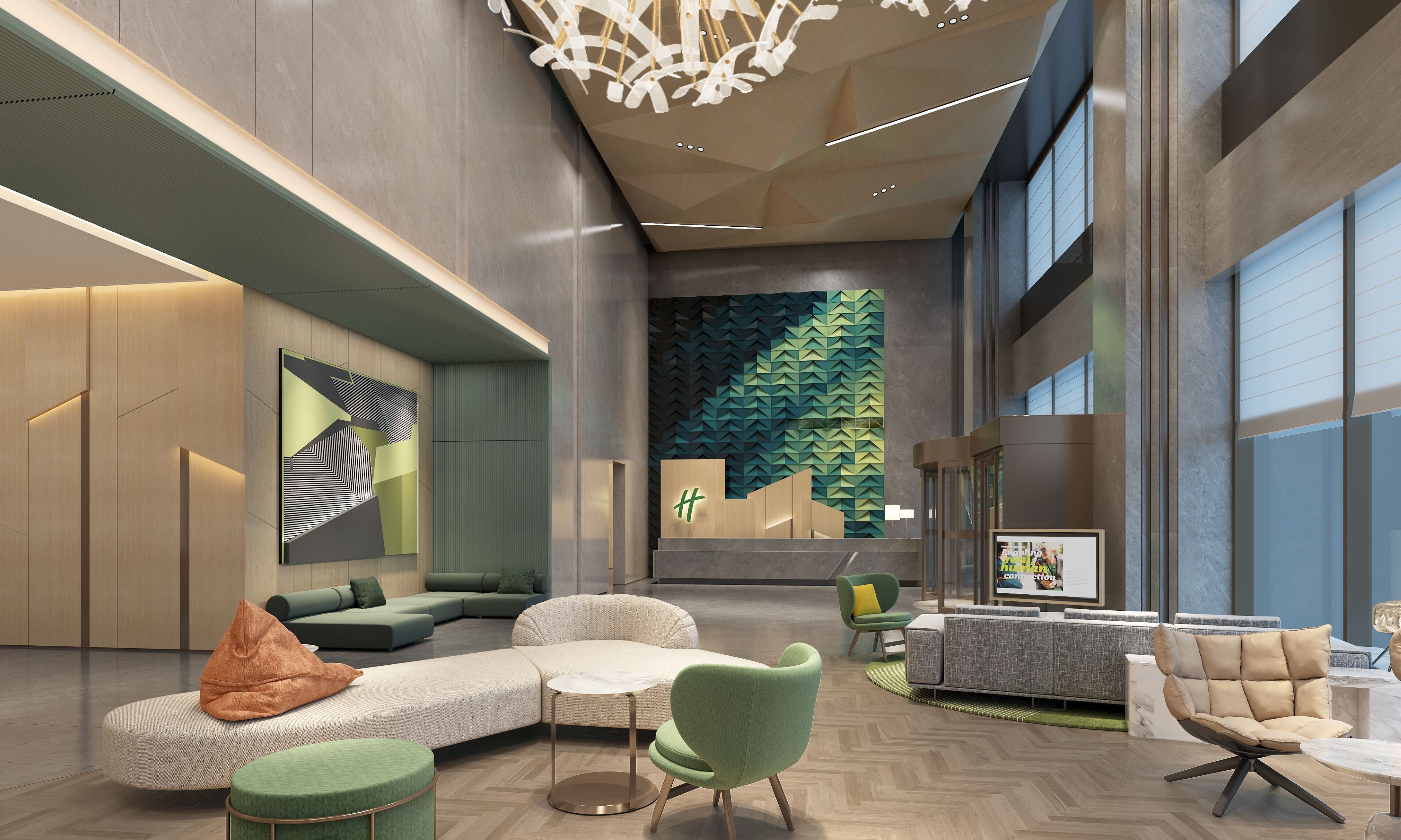A spacious lobby with a modern design, featuring a large seating area, a unique wall art installation, and a contemporary light fixture.