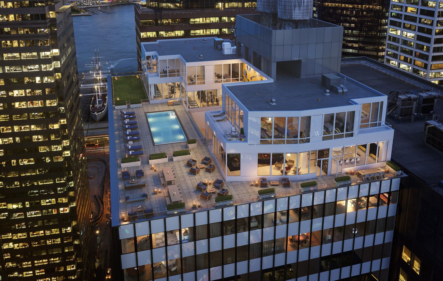 Ein modernes Hotel mit Dachpool, Sitzgelegenheiten im Freien und Blick auf die Skyline der Stadt.