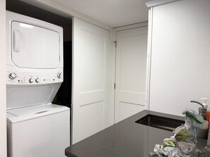 A compact kitchen with a built-in washer and dryer, a sink, and a decorative item on the counter. - Sandpiper Key Endless Bay Views & Pool (Englewood)