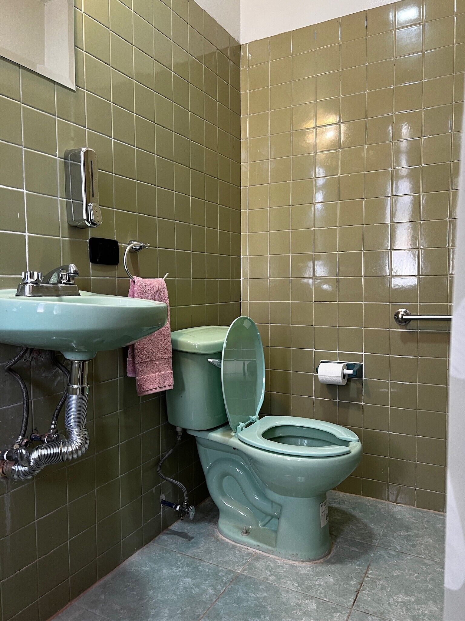 A bathroom with a sink, toilet, and a towel rack.
