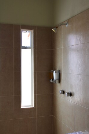 Shower, hair dryer, towels, soap