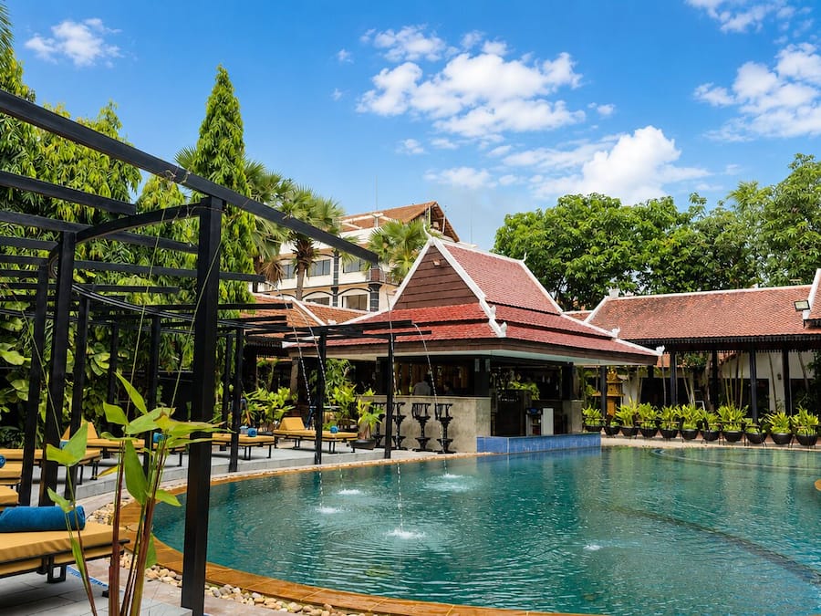 Outdoor pool, open 9:00 AM to 9:00 PM, pool umbrellas, sun loungers