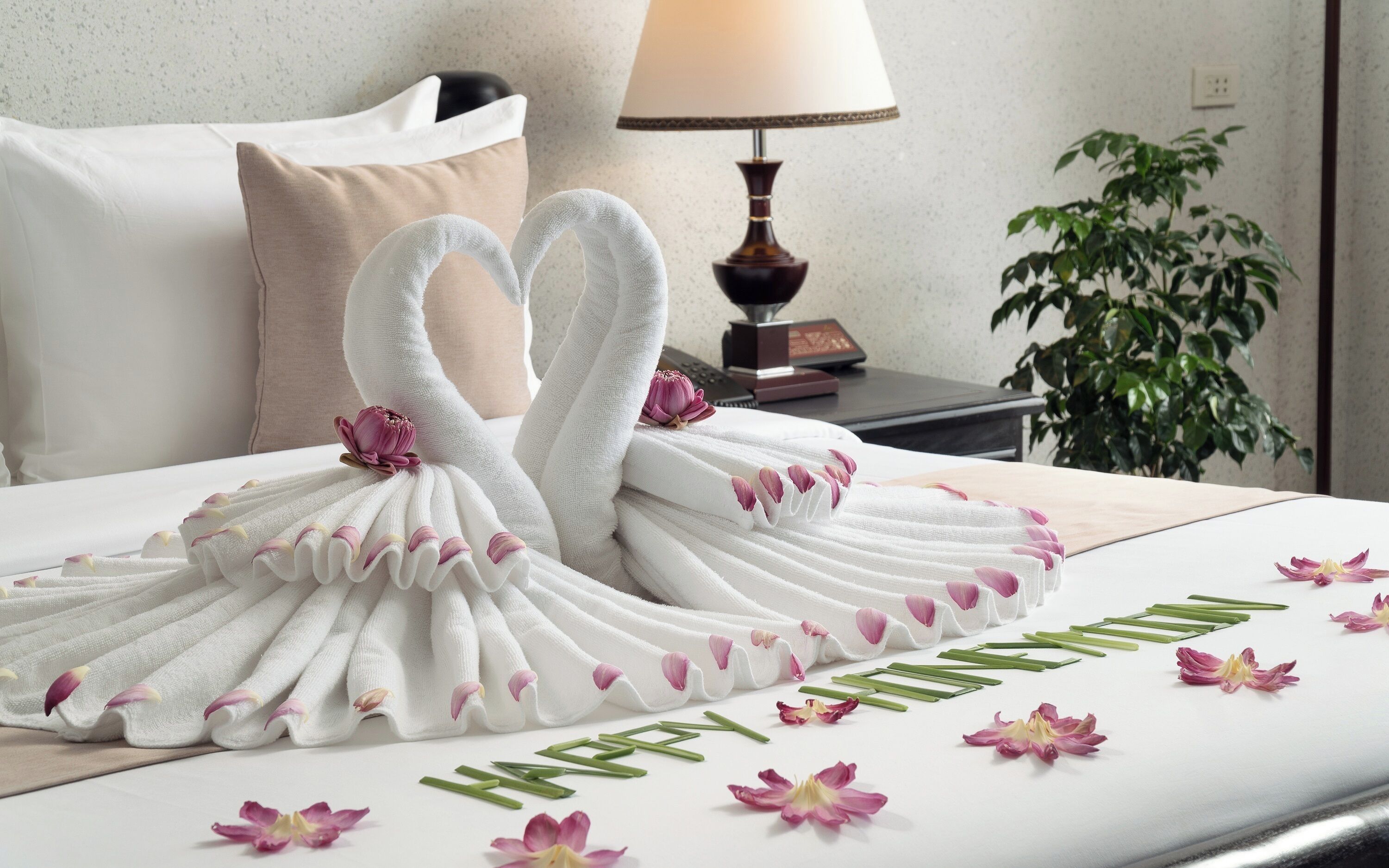 A neatly made bed with towels arranged in the shape of two swans, a potted plant, and a lamp on a bedside table.