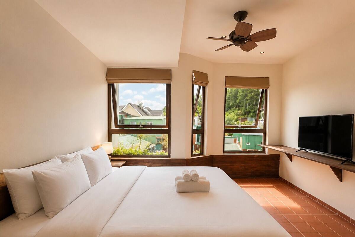 A hotel room with a bed, a ceiling fan, a TV, and windows with views of greenery.