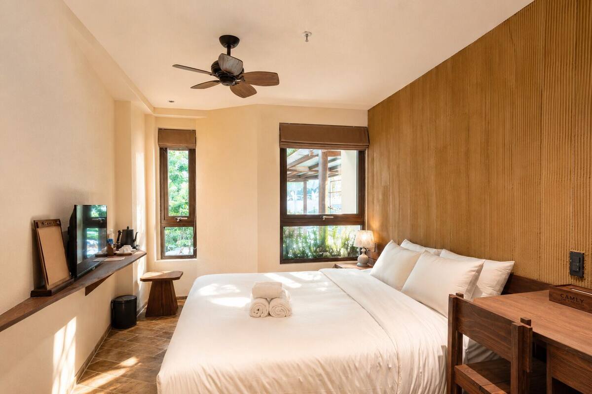 A bedroom with a bed, a ceiling fan, a TV, a desk, and windows.