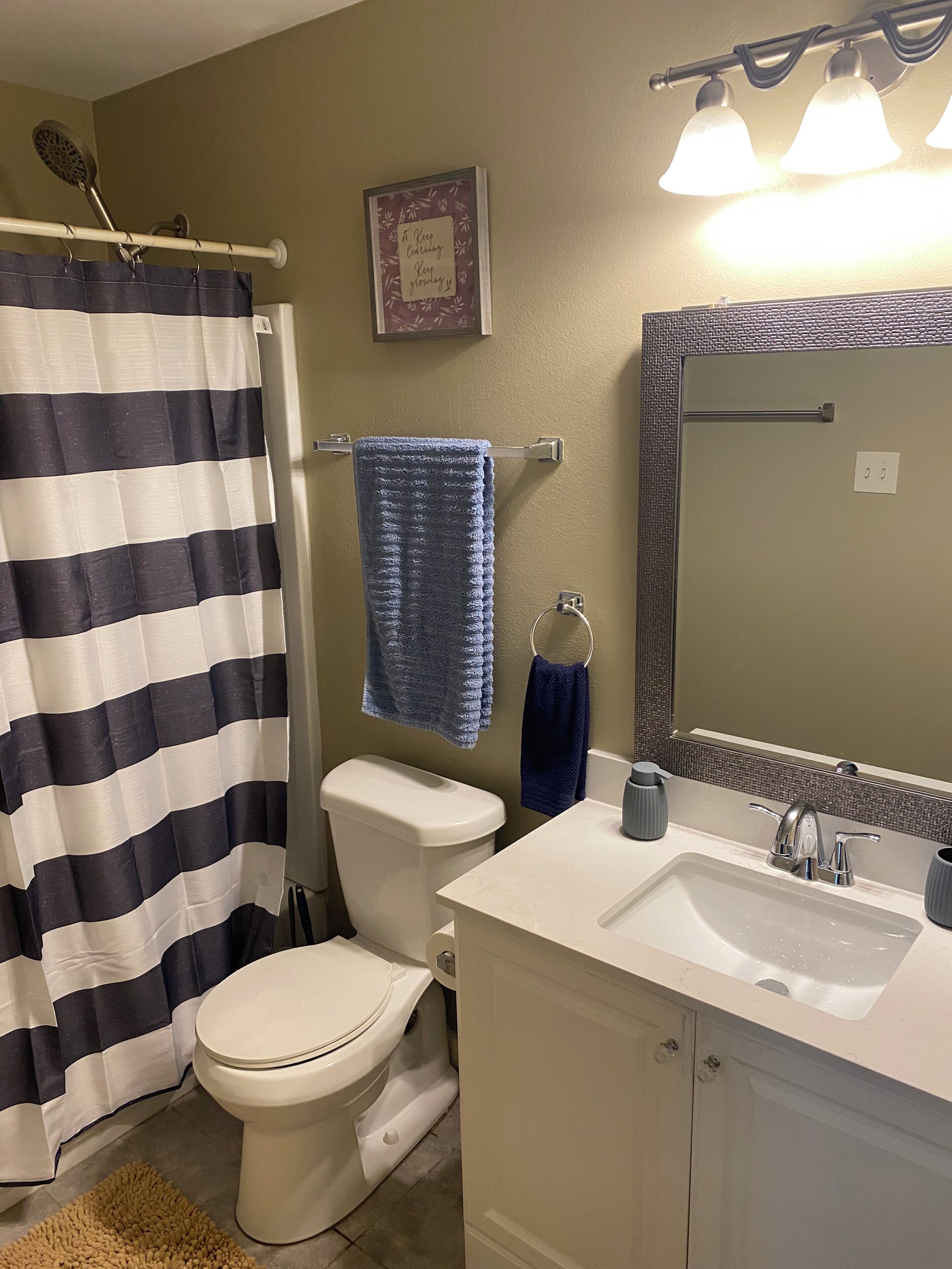 Hair dryer, towels, soap, toilet paper