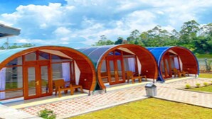 Uma fileira de cabanas circulares de madeira, com portas e janelas de vidro, um caminho pavimentado e uma área gramada.