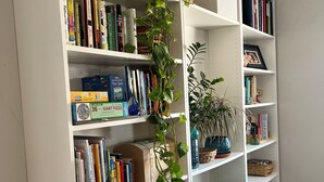 Een boekenplank met boeken, een plant en een mand.