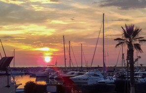 Ein Yachthafen mit vertäuten Booten, ein Sonnenuntergang im Hintergrund und eine Palme.