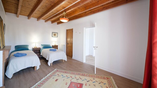 A bedroom with two beds, wooden ceiling beams, a door, and a patterned rug.