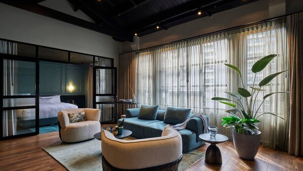 A modern living room with a sofa, armchair, and a large potted plant. - The Grand Heritage Suite · 4 Bed · Entire Floor (Auckland City)