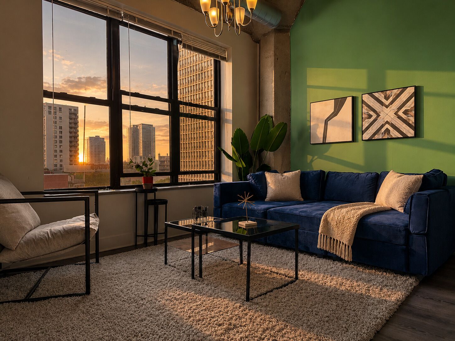 A modern living room with a sofa, coffee table, and a view of the cityscape through large windows.