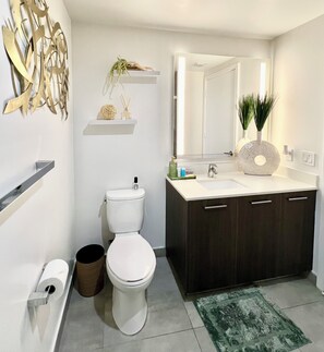 Secadora de cabello, toallas, jabón, papel de baño 