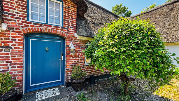 A brick house with a blue door, a thatched roof, and a small tree in front. - 6 bedroom gorgeous home in Ribe (Ribe)