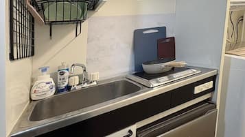 Fridge, stovetop, cookware/dishes/utensils