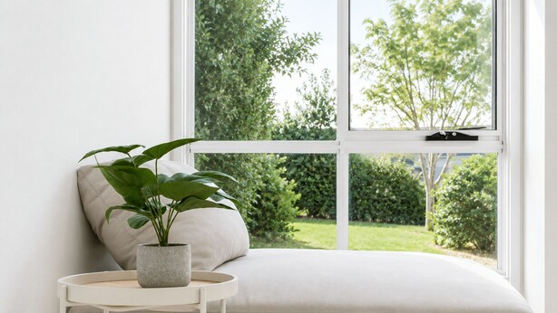 Una habitación con ventana, una planta sobre una mesita auxiliar y un sofá.