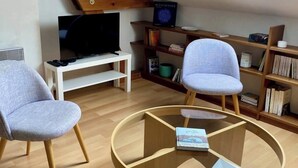Une pièce de style « loft » avec un plafond en pente, un téléviseur posé sur un meuble blanc, une table basse ronde en verre, deux fauteuils gris et une bibliothèque en bois.