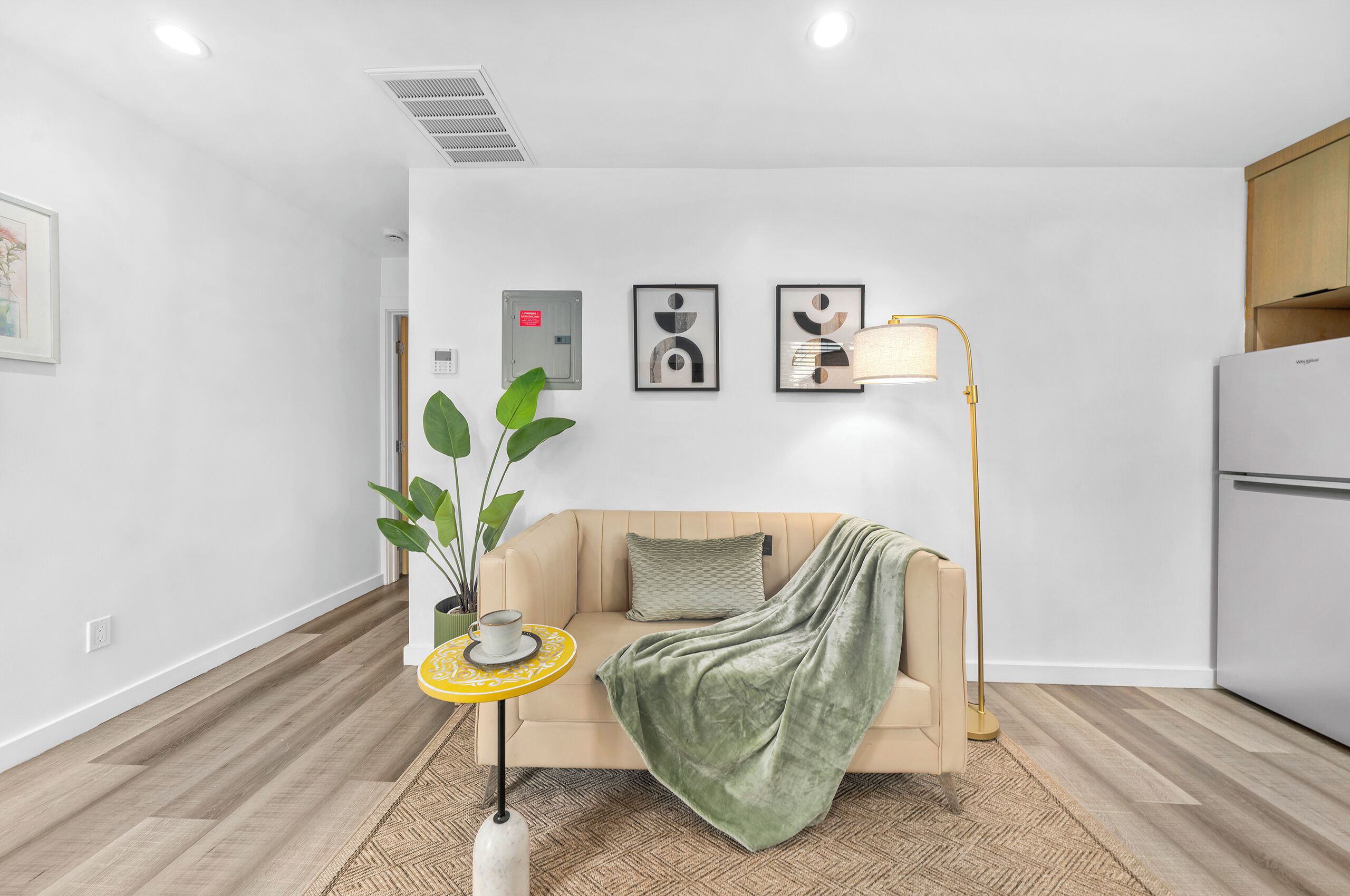 A modern living room with a sofa, a floor lamp, a potted plant, and framed artwork on the wall.
